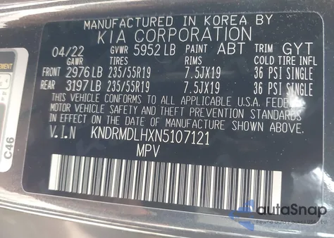 2022 Kia Sorento Plug-In Hybrid Sx Prestige z USA, uszkodzony, nr VIN KNDRMDLHXN5107121